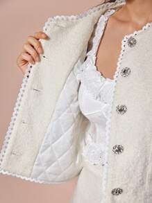 Enchnt 女士优雅蕾丝边短款粗花呢夹克，秋季 - 白色 - 查看 8