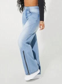 SHEIN SXY Women Casual Distressed Zip Up Flared Leg Jeans - Light Wash - View 6