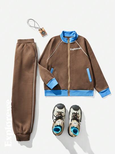 SHEIN Bộ 2 chiếc áo khoác và quần dài tay in chữ màu tương phản cho bé trai tuổi teen, trang phục thường ngày cho mùa thu