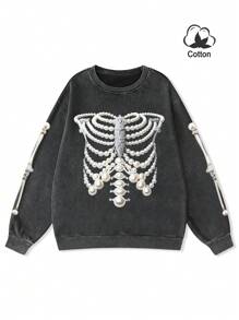 Manfinity EMRG Men's Bone Print Crew Neck Casual Pullover Sweatshirt - Black - View 3