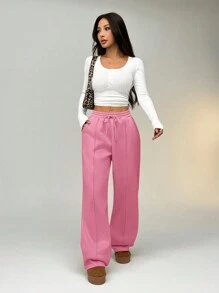 SHEIN EZwear 女士纯色前系带口袋简约休闲长裤，日常穿着 - 粉色 - 查看 5