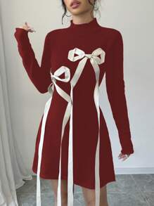 Selianne 女士蝴蝶结腰部毛衣连衣裙，适合新年衣服 - 紅色 - 查看 4