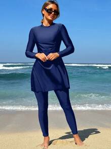 Swim Mulvari 2 món/Bộ đồ bơi Burkini màu trơn cho nữ mùa hè đi biển và quần yếm có dây rút - Màu xanh hải quân - Xem 5