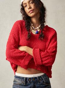 Bohemela Vacation Loose V-Neck Solid Color Dropped Shoulder Long Sleeve Sweater For Women
