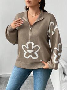 Flirla Suéter de punto con cremallera delantera y estampado floral francés, talla grande, para otoño e invierno - Caqui - Ver 3