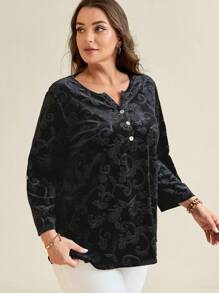EMERY ROSE Plus Size Front Button Mid-Length Sleeve Minimalist Casual Shirt - Black - View 4