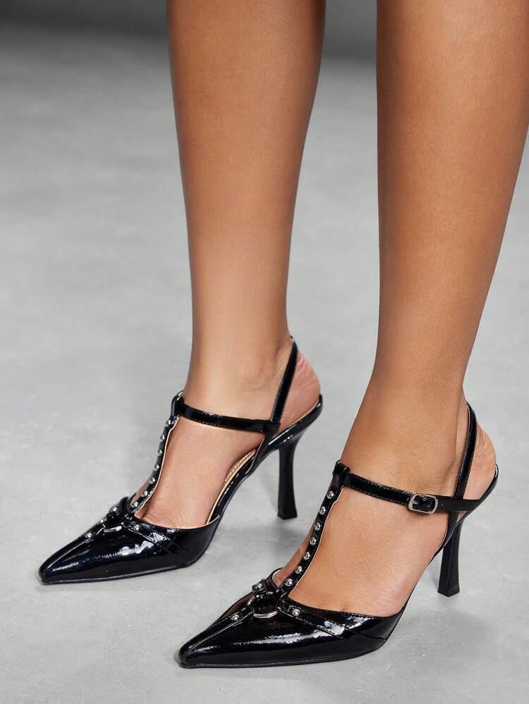 CUCCOO SZL Women's Fashion Black Patent Leather T-Strap Metallic Decor Pointed Toe High Heels, Suitable For Commuting, Dating, Party, Holiday Fall