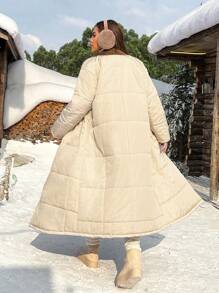 SHEIN EZwear 大码女式中长款灯芯绒拼布加厚外套，适合秋冬季的衣服 - 卡其色 - 查看 2