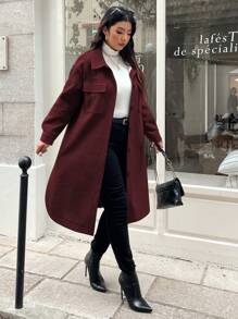 Flirla 大码女式长袖口袋中长款大衣，秋冬款 - 酒紅色 - 查看 3