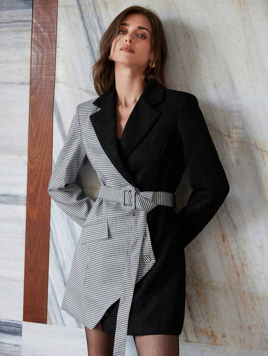 GENKIRA Bộ vest vest kẻ caro tối giản không đối xứng cho nữ doanh nhân đi làm - màu đen - Xem 1