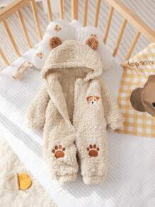 新生男婴可爱卡通狗刺绣连帽全拉链前毛绒连体衣带 3D 耳朵，柔软舒适羊毛家居服，适合秋冬季