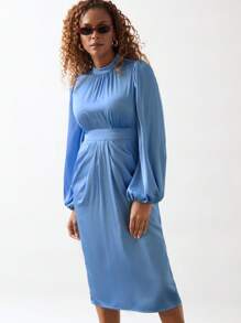 SHEIN Unity 女式秋季褶皱简约灯笼袖古着风格优雅连衣裙 - 淺藍色 - 查看 3