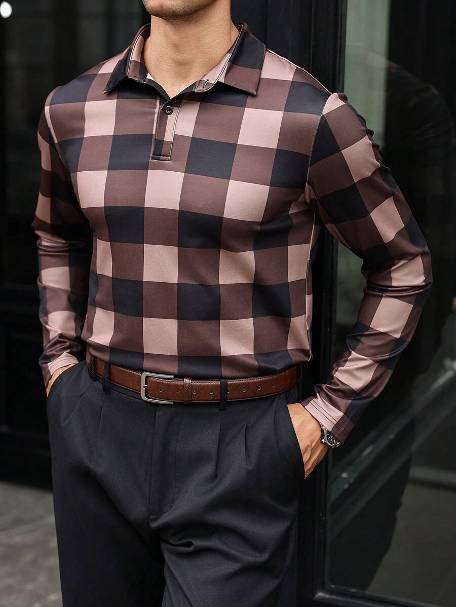 Manfinity Mode Camisa Polo Masculina Casual de Outono com Padrão Xadrez em Blocos de Cores - Multicolorido - Visão 1