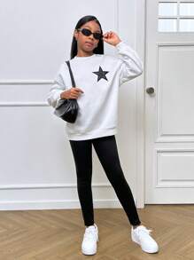 SHEIN Tween Girl Casual Knitted Crew Neck Long Sleeve Pullover Sweatshirt Set