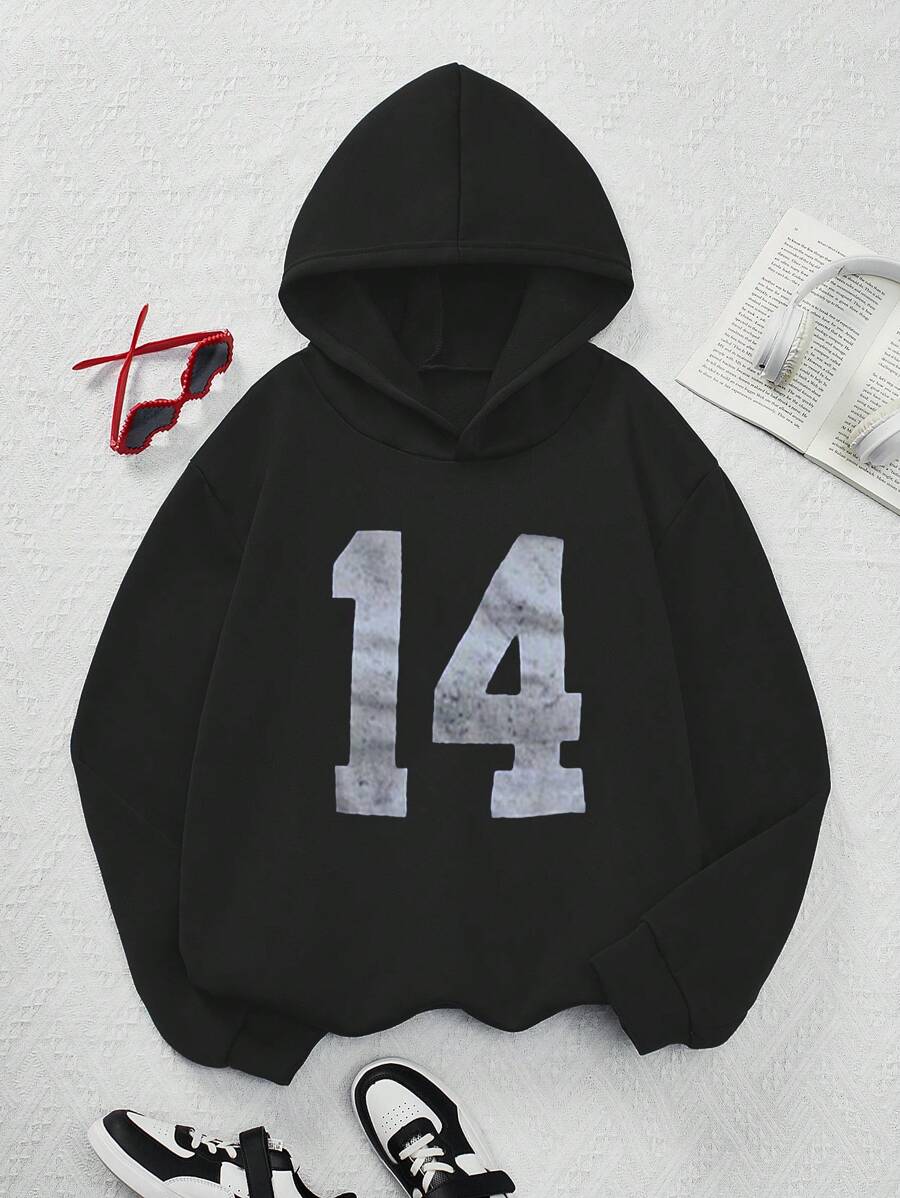 Tween Girl Numeric Print Hooded Long Sleeve Sweatshirt - Black - View 1
