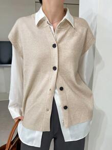 FRIFUL Women's Plain Front Button Wide Strap Casual Sweater Vest - Beige - View 1