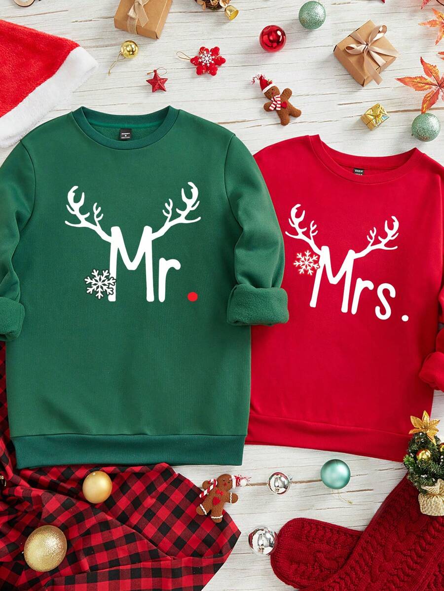 Manfinity Homme Áo nỉ cổ tròn màu xanh lá cây thường ngày cho cặp đôi Giáng sinh cỡ tiêu chuẩn in họa tiết Giáng sinh, lót nhiệt - màu xanh lá - Xem 1