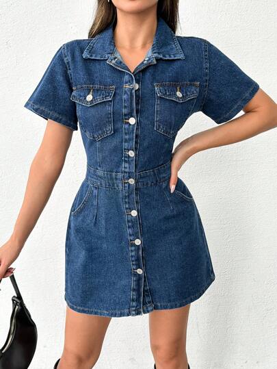EURMUSE 100% Cotton Women Denim Mini Shirt Dress With Multiple Pockets & Metal Buckle