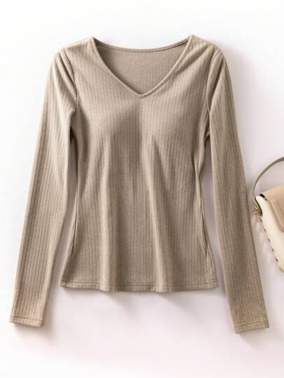 SHEIN BASICS 休闲纯色 V 领长袖加垫修身女式 T 恤