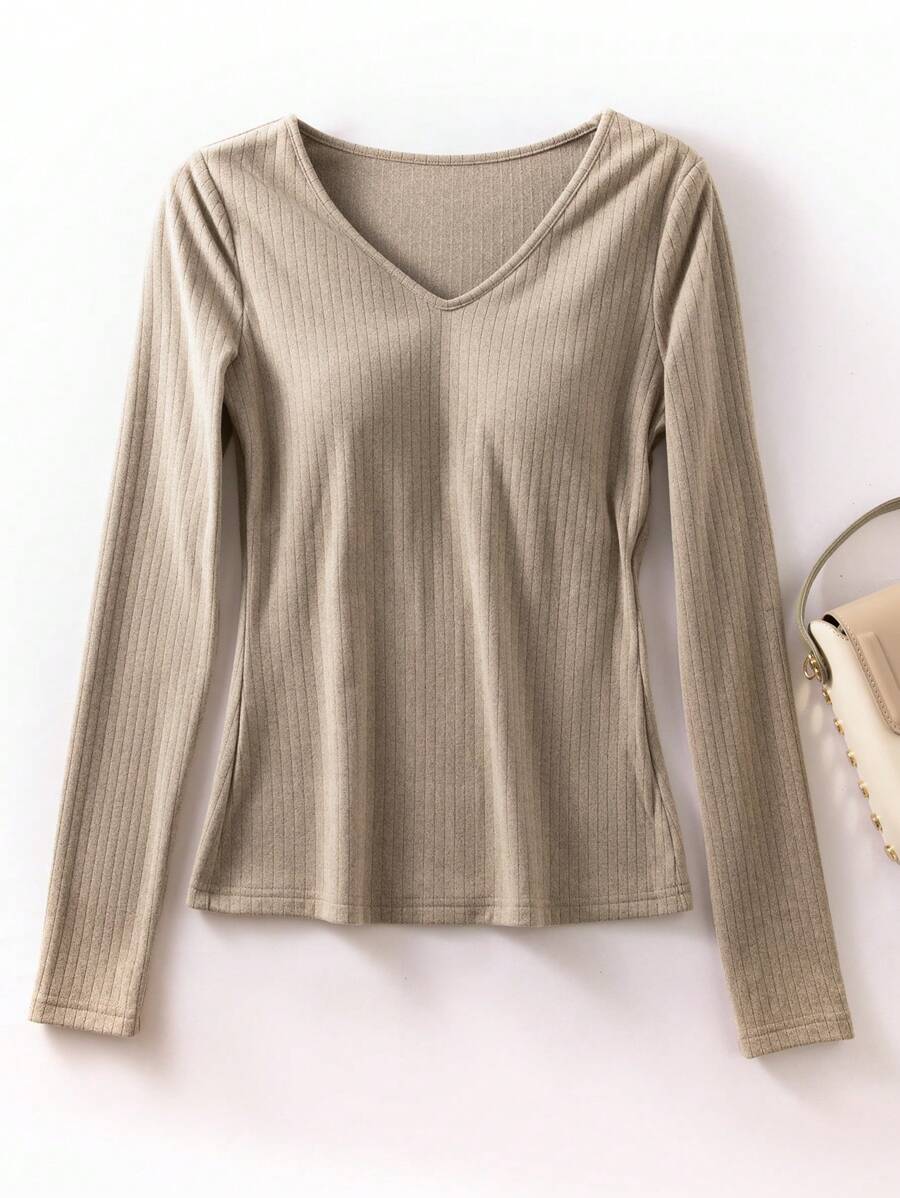 SHEIN BASICS 休闲纯色 V 领长袖加垫修身女式 T 恤 - 卡其色 - 查看 1