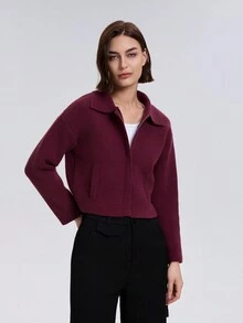 Women's Solid Color Front Zip Long Sleeve Minimalist Casual Knit Cardigan Jacket - Burgundy - View 7