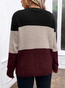 SHEIN LUNE Women Plus Size Contrast Color Crew Neck Long Sleeve Casual Loose Pullover Sweater, Autumn/Winter - Multicolor - View 2