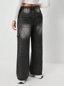 SHEIN Y2K 街头时尚宽松腰部洗水黑灰色牛仔裤，适合少女 - 黑色 - 查看 2