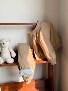 SHEIN 2pcs Baby Unisex Casual All-Match Long Sleeve Cardigan Jacket And Elastic Waist Thickened Fleece Pants Set