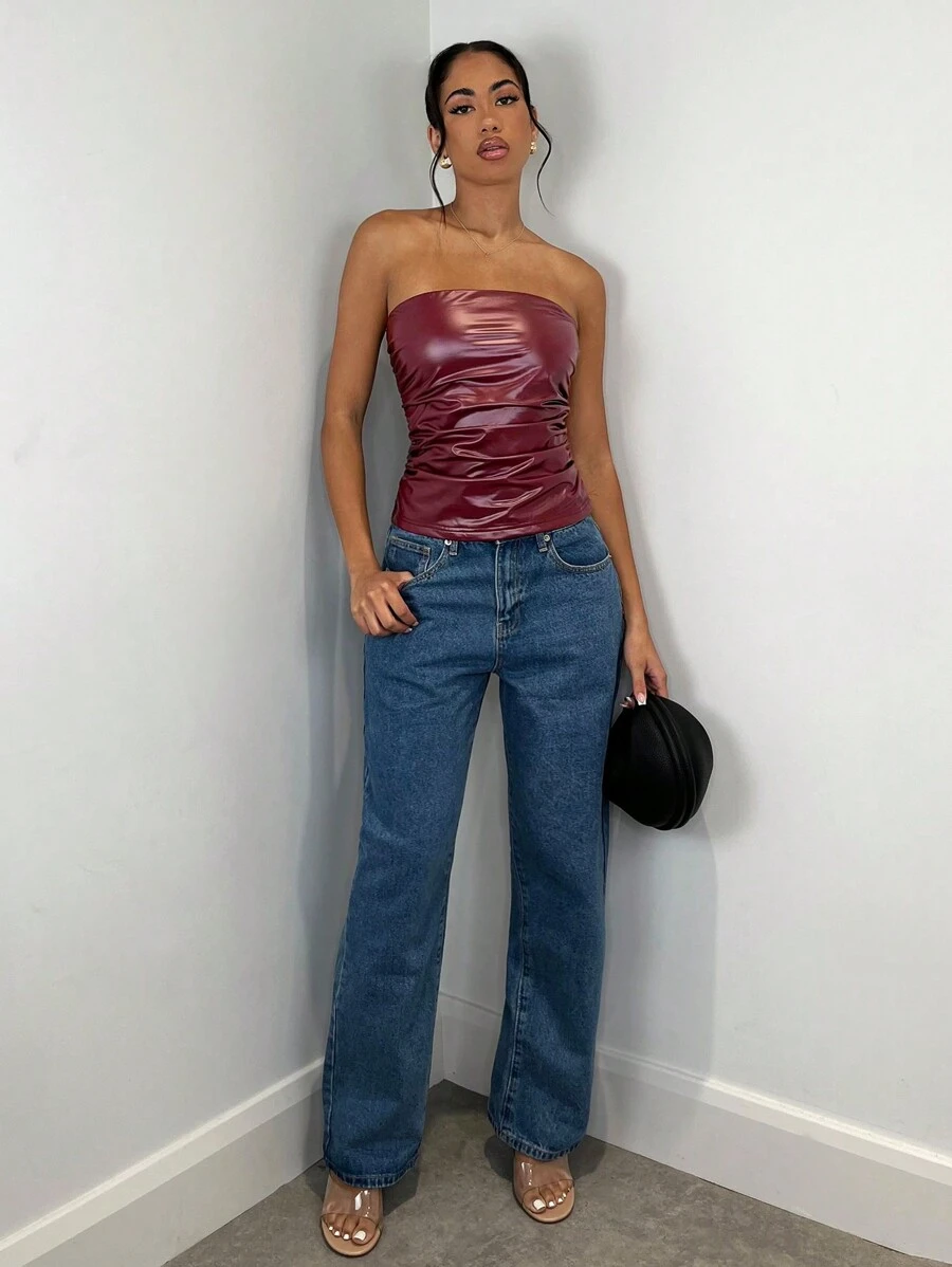 SHEIN BAE Women's Burgundy Solid Color Retro PU Artificial Leather Fashionable High Street And Versatile, Suitable For All Kinds Of Parties, Sexy Off-Shoulder Pleated Pleated Tube Top, Burgundy Top,Winter Women Tops,Christmas Women Clothes,Christmas Top/Angola Top