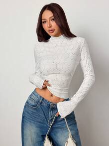SHEIN EZwear 1 pièce T-shirt basic ajusté à manches longues, col montant, couleur unie, pour femmes