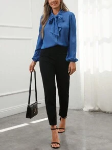 SHEIN LUNE Women's Casual Long Sleeve Shirt With Large Bow - Blue - View 6