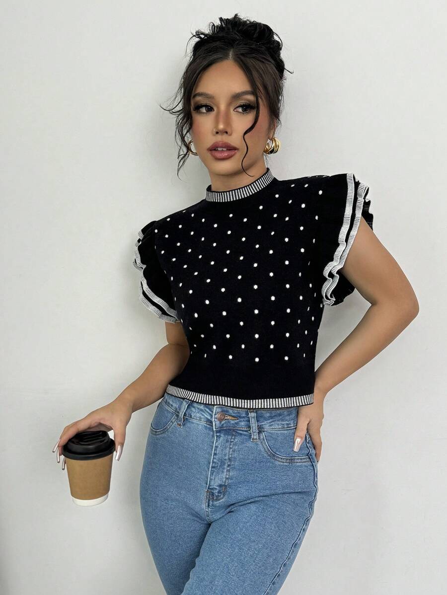 Chiquease Elegant Polka Dot Ruffle Hem Sleeveless Short Knitted Sweater Vest For Women