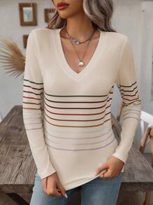 SHEIN LUNE Áo thun nữ tay dài cổ chữ V họa tiết sọc khối màu thời trang mùa xuân - Nhiều màu - Xem 3