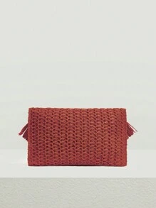 SHEIN VCAY Bolso de mano tipo embrague trenzado de paja con estilo bohemio, de parches y flecos, para vacaciones, San Valentín