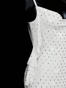 SHEIN ICON Draped Collar Sexy Open Back Ruffle Trim Beaded Party Dress - White - View 11