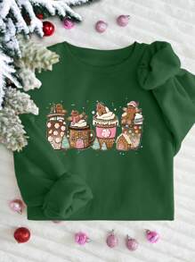 SHEIN EZwear Áo nỉ dài tay cổ tròn in họa tiết bánh gừng Giáng sinh cho nữ, thường ngày mùa thu/đông - Màu xanh lá cây đậm - Xem 1