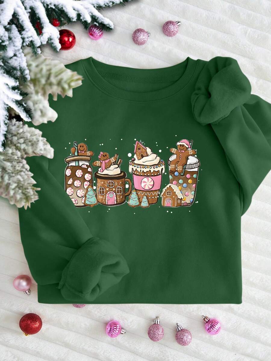 SHEIN EZwear Áo nỉ dài tay cổ tròn in họa tiết bánh gừng Giáng sinh cho nữ, thường ngày mùa thu/đông - Màu xanh lá cây đậm - Xem 1