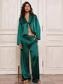 Opulessa Set da 2 pezzi: Camicia casual in colore unito, morbida e ampia, a maniche lunghe, e pantaloni a vita alta con gamba ampia per donna, outfit da vacanza - Verde - Visualizzare 3