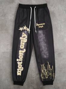 Manfinity EMRG Pantalones deportivos casuales con cordón en la cintura y estampado de letras y pentagramas para hombre