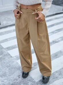 GENKIRA Women's Casual Plain Color Loose Fit Business Pants - Khaki - View 2