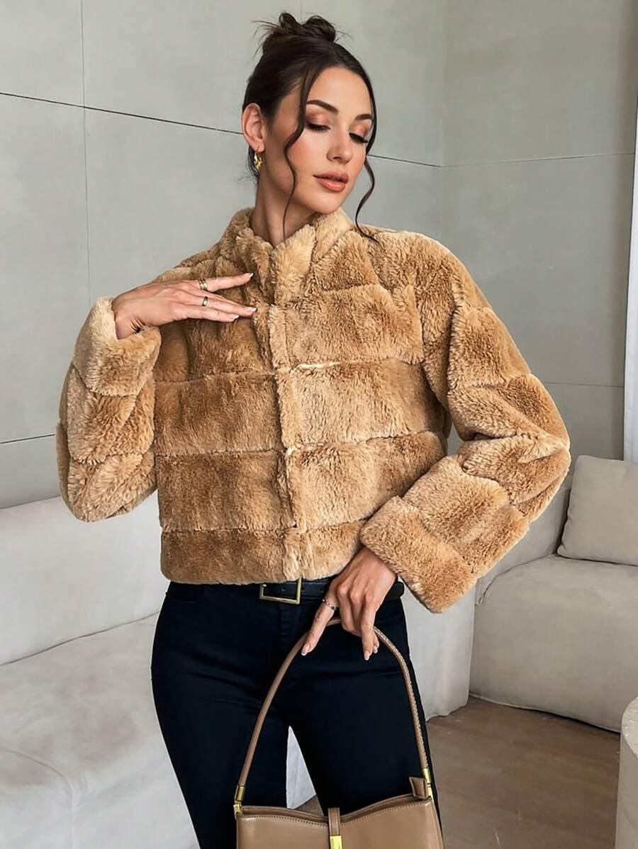 SHEIN Privé 女士翻领长袖奢华蓬松冬季大衣