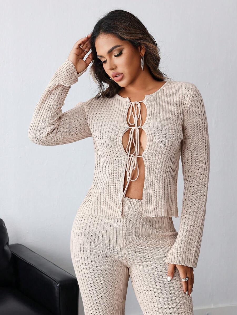 INAWLY Bộ 2 món: Áo khoác cardigan dài tay buộc nơ phía trước màu trơn cho nữ và quần dài dệt kim, trang phục thường ngày cho mùa thu/đông - Màu Khaki - Xem 1