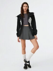 SHEIN EZwear Sequined Zip-Up Cropped Bomber Jacket - Black - View 4