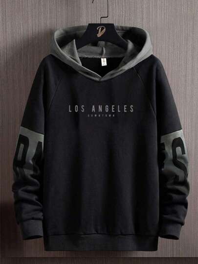 SHEIN Tween Boys' Colorblock Los Angeles Graphic Casual Pullover Hoodie, Versatile For Autumn Chic Outfits For Autumn/Winter