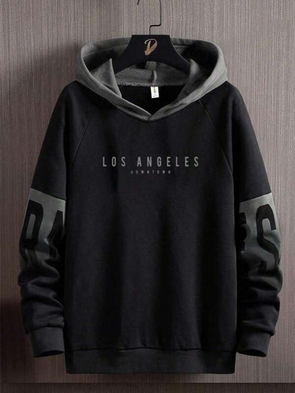 SHEIN Explorewe Tween Boys' Colorblock Los Angeles Graphic Casual Pullover Hoodie, Versatile For Autumn