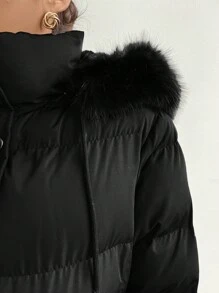 Calvaya Abrigo acolchado con cremallera, capucha y cuello esponjoso de unicolor en talla grande para ropa de invierno - Negro - Ver 10