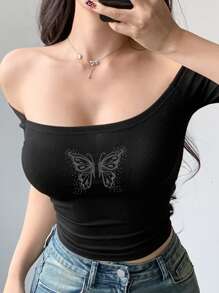 Joudiya Áo thun ngắn tay ôm sát hở vai in hình bướm, áo crop top nữ in họa tiết, áo trễ vai mặc đi chơi. - màu đen - Xem 4