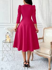 Lunelith SHEIN Lunessa V 领收腰 3/4 泡泡袖 A 字形女式连衣裙 女式长款服装 - 玫紅色 - 查看 2