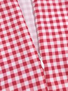 SHEIN LUNE 格纹印花方领撞色优雅短袖连衣裙酒红色女装 - 酒紅色 - 查看 4