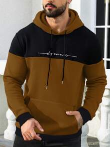 Manfinity Homme Áo hoodie có dây rút túi Kangaroo hai tông màu in chữ thường ngày cho nam, lót nhiệt, dành cho mùa thu/đông - Nhiều màu - Xem 1